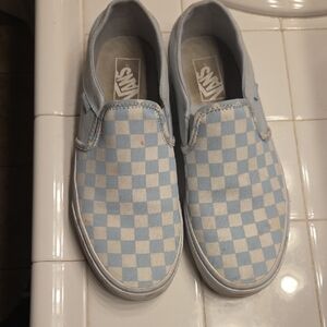 Woman's Vans Light Blue Checkered Slip-On Sneakers